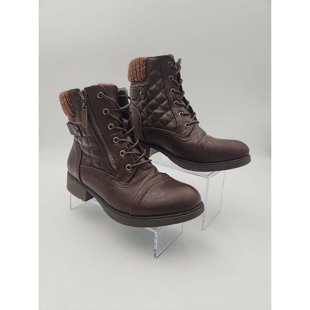 STQ Winter Combat Boot 18102‎ Brown Vegan Leather, Sweater Trim, Women's size 7